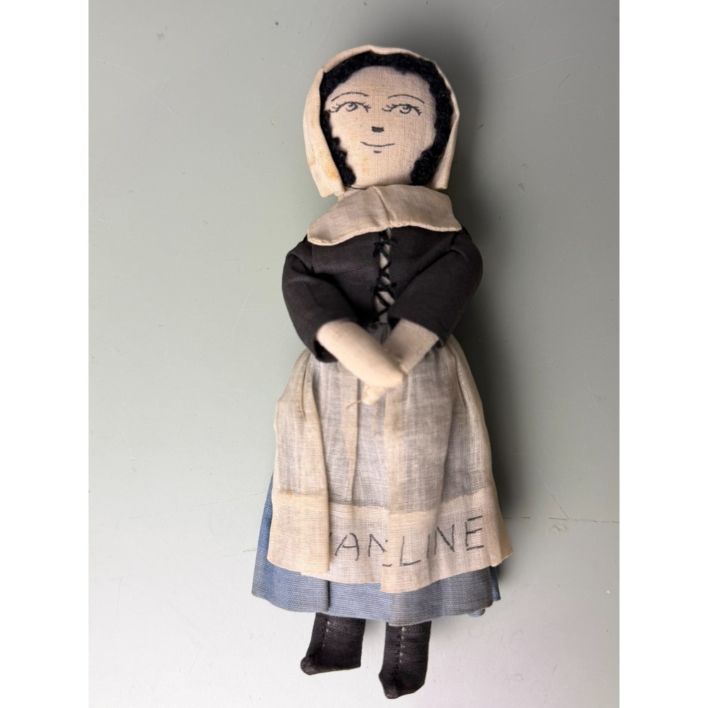Vintage Handmade Cloth Folk Art Doll Evangeline Embroidered Prairie‎ Dress 15"